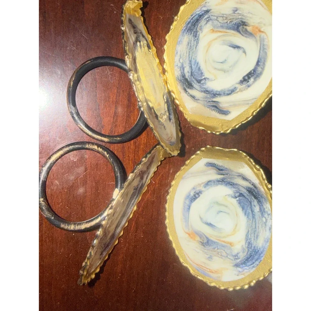 Set of 4 Coastal Oyster Shell Napkin Rings Marbled Blue Gold Nautical Decor